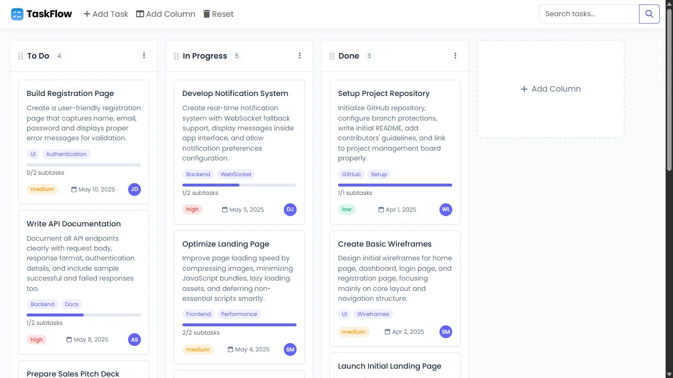 TaskFlow task cards arranged in To Do, In Progress and Done columns